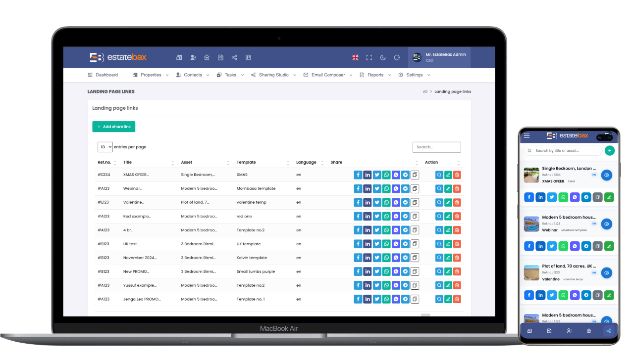 EstateBax landing page links per property, with share buttons for Facebook, LinkedIn, X, WhatsApp, Messenger and Telegram