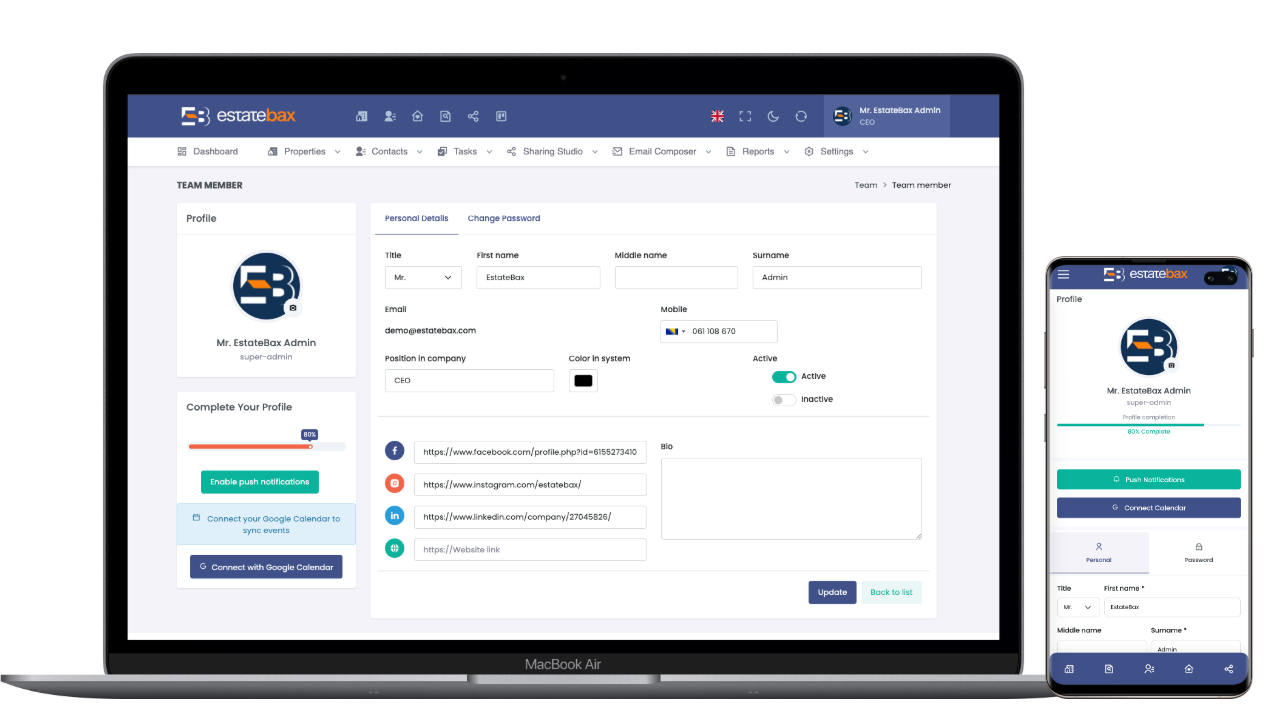 EstateBax team member profile with personal details, position, social links and Google Calendar sync