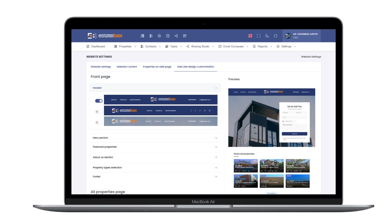 EstateBax website design customization with selectable header layouts and a live preview of the agency public website